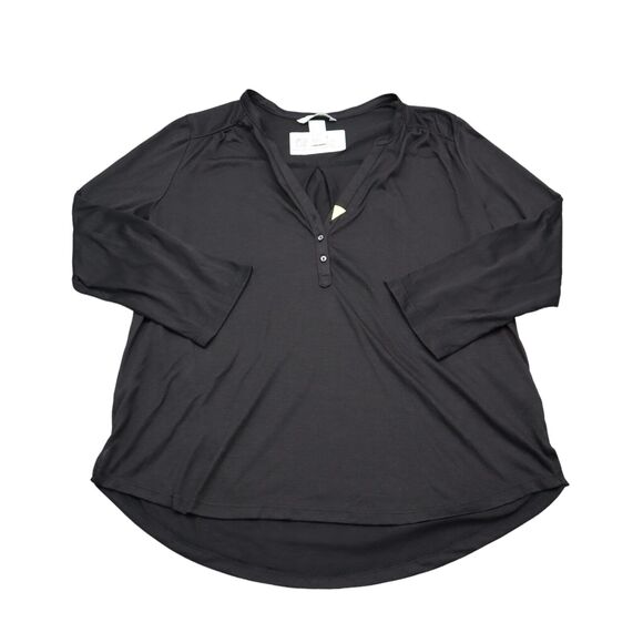 HM Shirt Womens S Black Plain V Neck Quarter Sleeve Chest Button Casual Top - Picture 1 of 16